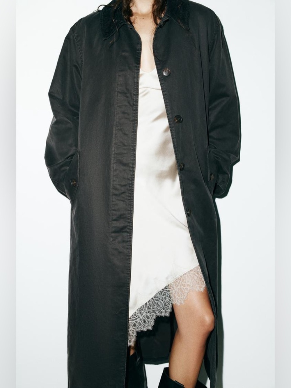 NWOT. Zara Anthracite Grey Waxed-Effect Long Trench Coat. Size M-L. - Picture 4 of 16